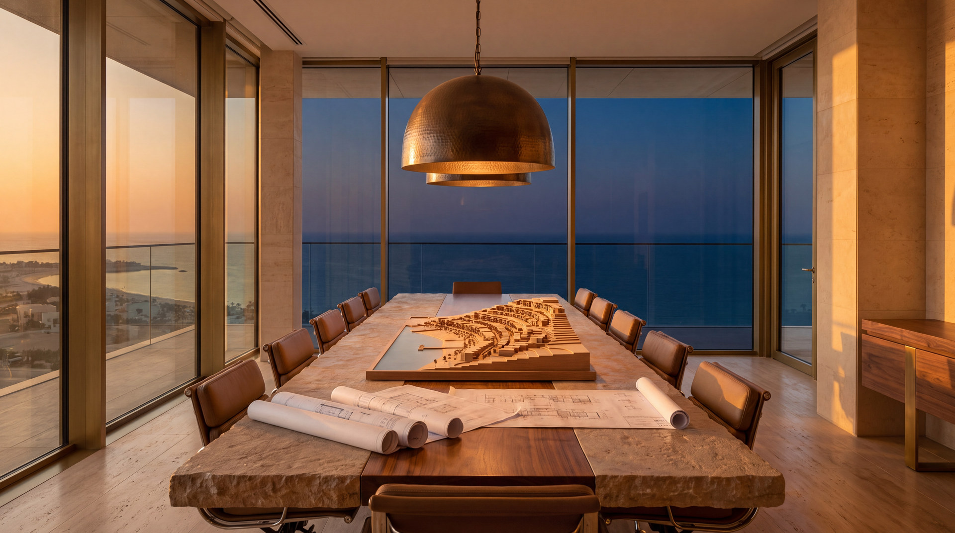 A boardroom at golden hour with an architectural model of a coastal district.