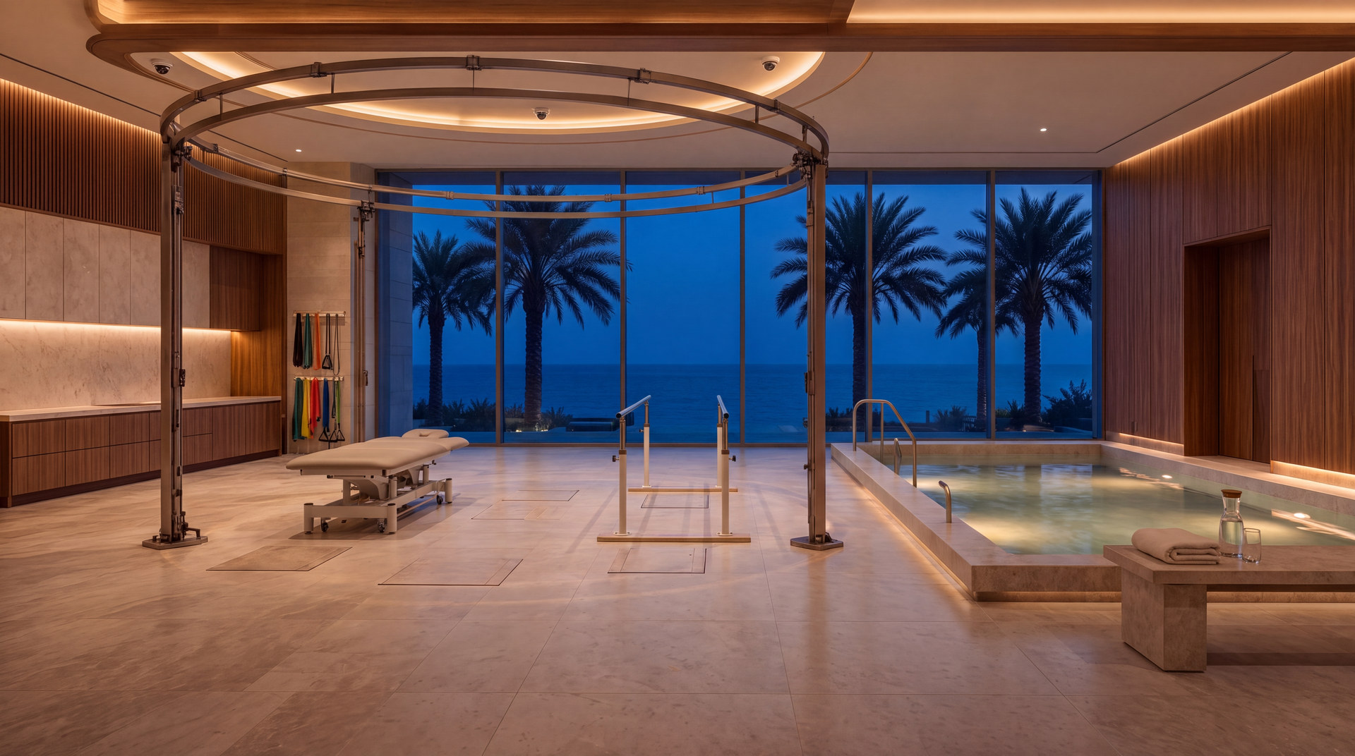 A movement hall in a NEO Longevity Center opening to palms and the sea.
