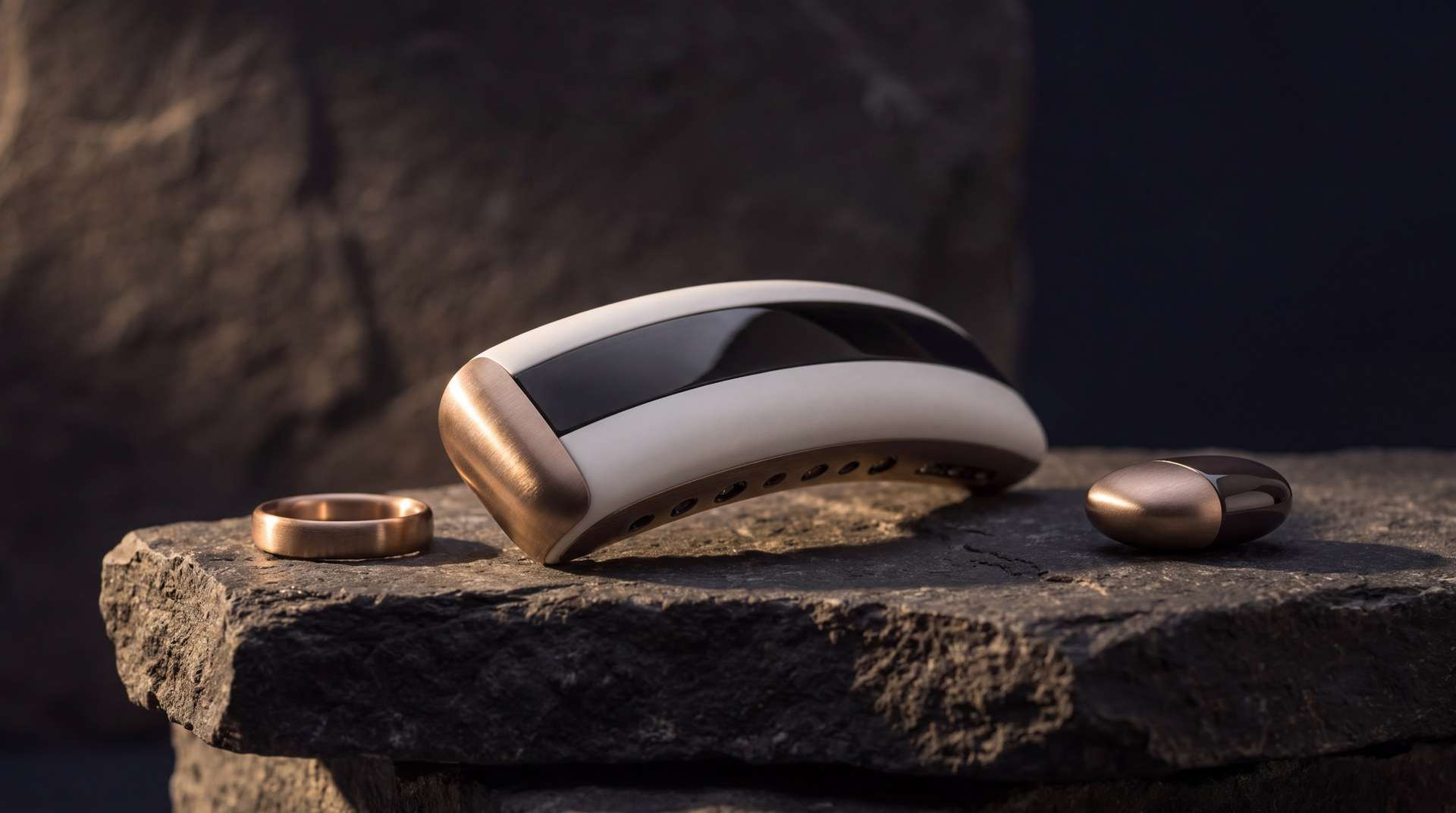 The NEO Halo wearable on dark stone with a ring and a sensor pod.