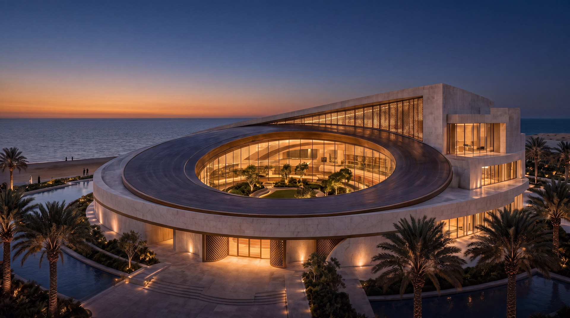 The NEO Longevity Center, a circular institute at sunset.